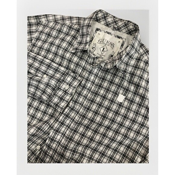 GUESS Shirt Men’s M Black Plaid Damask Print Button Up Casual Designer - Picture 1 of 10